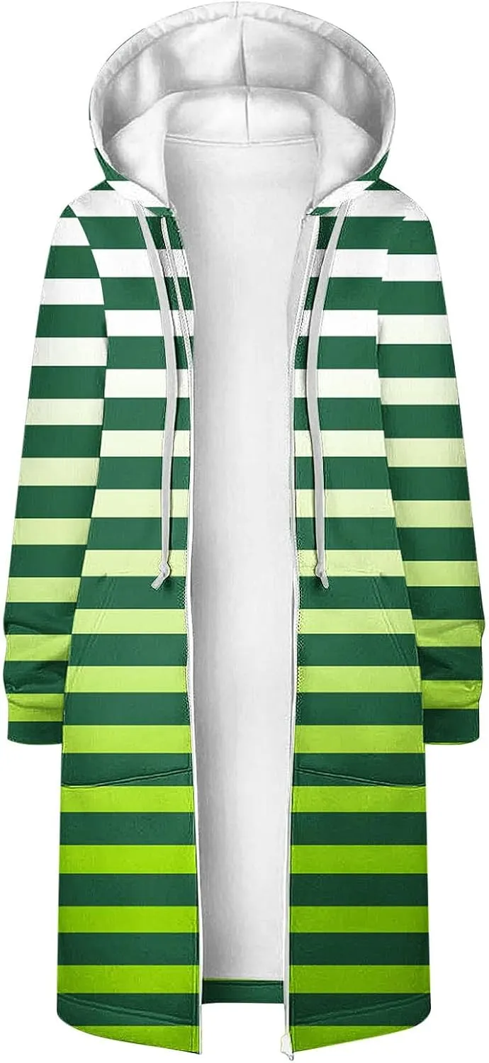 Women's Zip Up Hoodies Oversized Fleece Long Tunic Hooded Sweatshirts Casual Long Sleeve Stripes Hoodie Jacket Coat