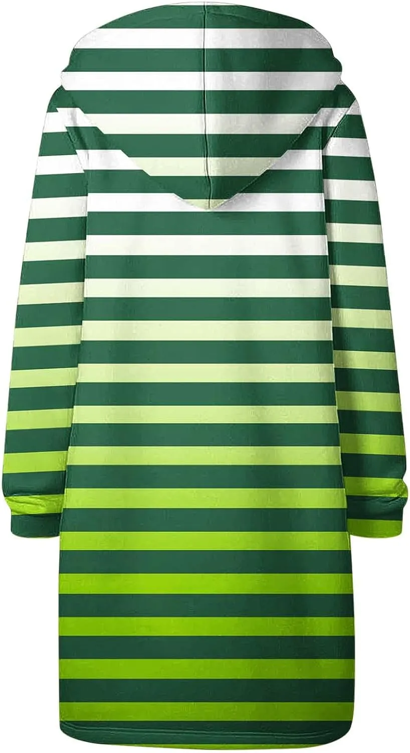 Women's Zip Up Hoodies Oversized Fleece Long Tunic Hooded Sweatshirts Casual Long Sleeve Stripes Hoodie Jacket Coat