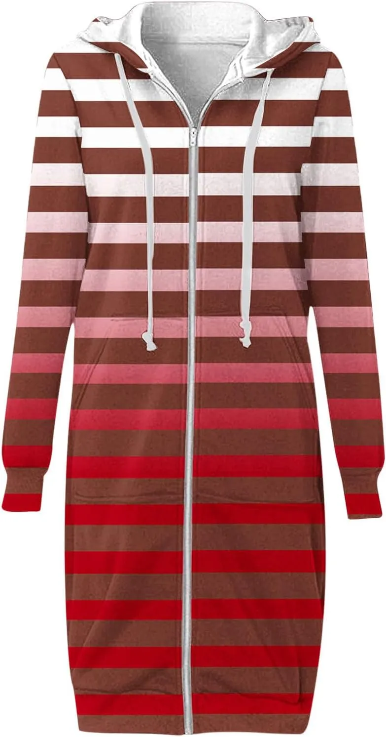 Women's Zip Up Hoodies Oversized Fleece Long Tunic Hooded Sweatshirts Casual Long Sleeve Stripes Hoodie Jacket Coat