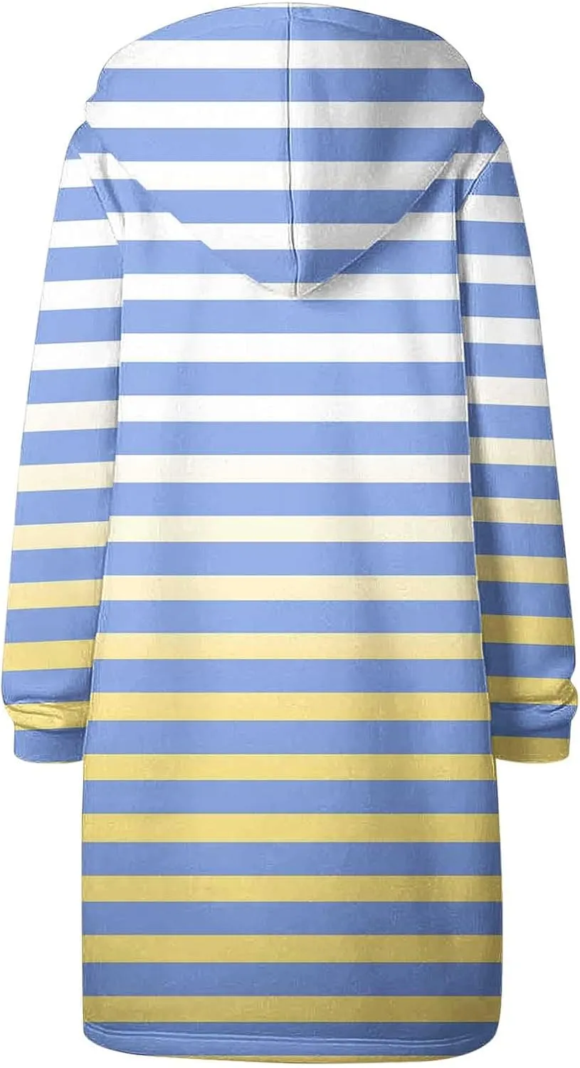 Women's Zip Up Hoodies Oversized Fleece Long Tunic Hooded Sweatshirts Casual Long Sleeve Stripes Hoodie Jacket Coat