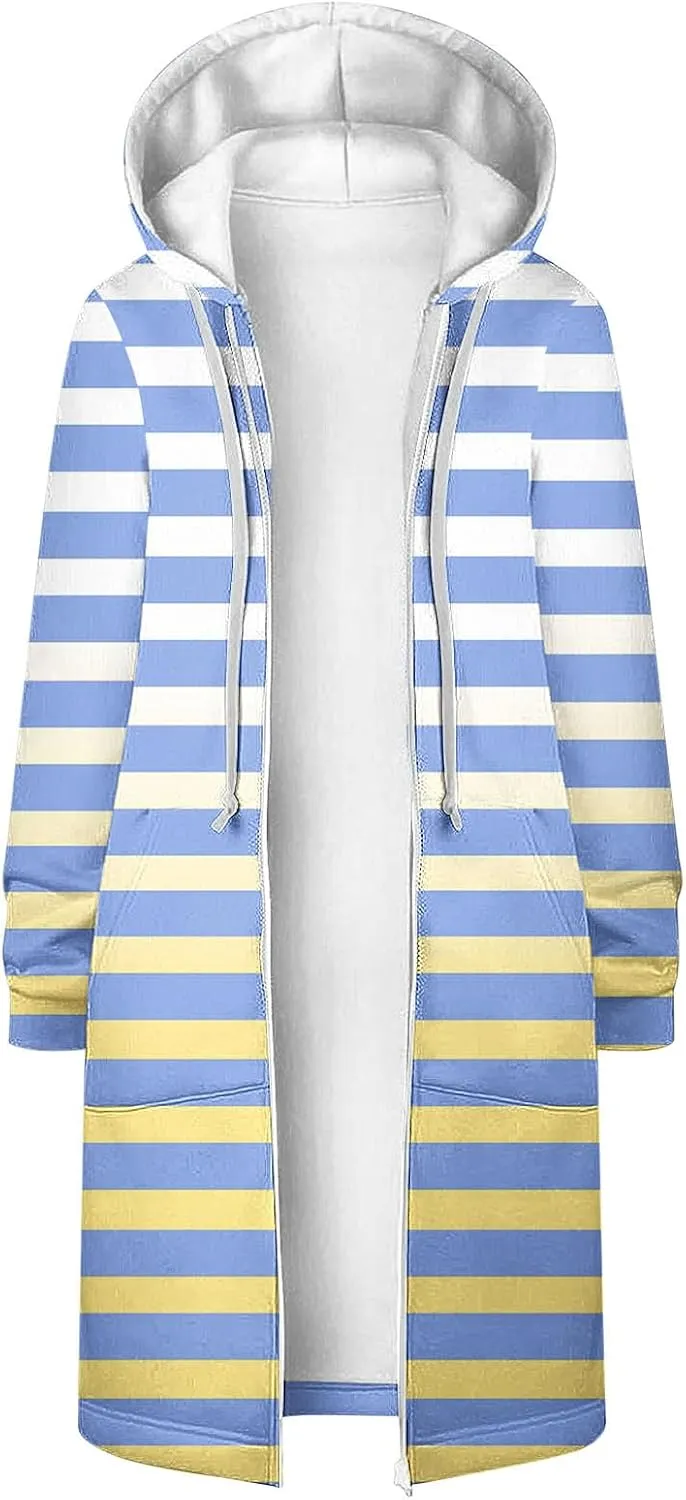 Women's Zip Up Hoodies Oversized Fleece Long Tunic Hooded Sweatshirts Casual Long Sleeve Stripes Hoodie Jacket Coat