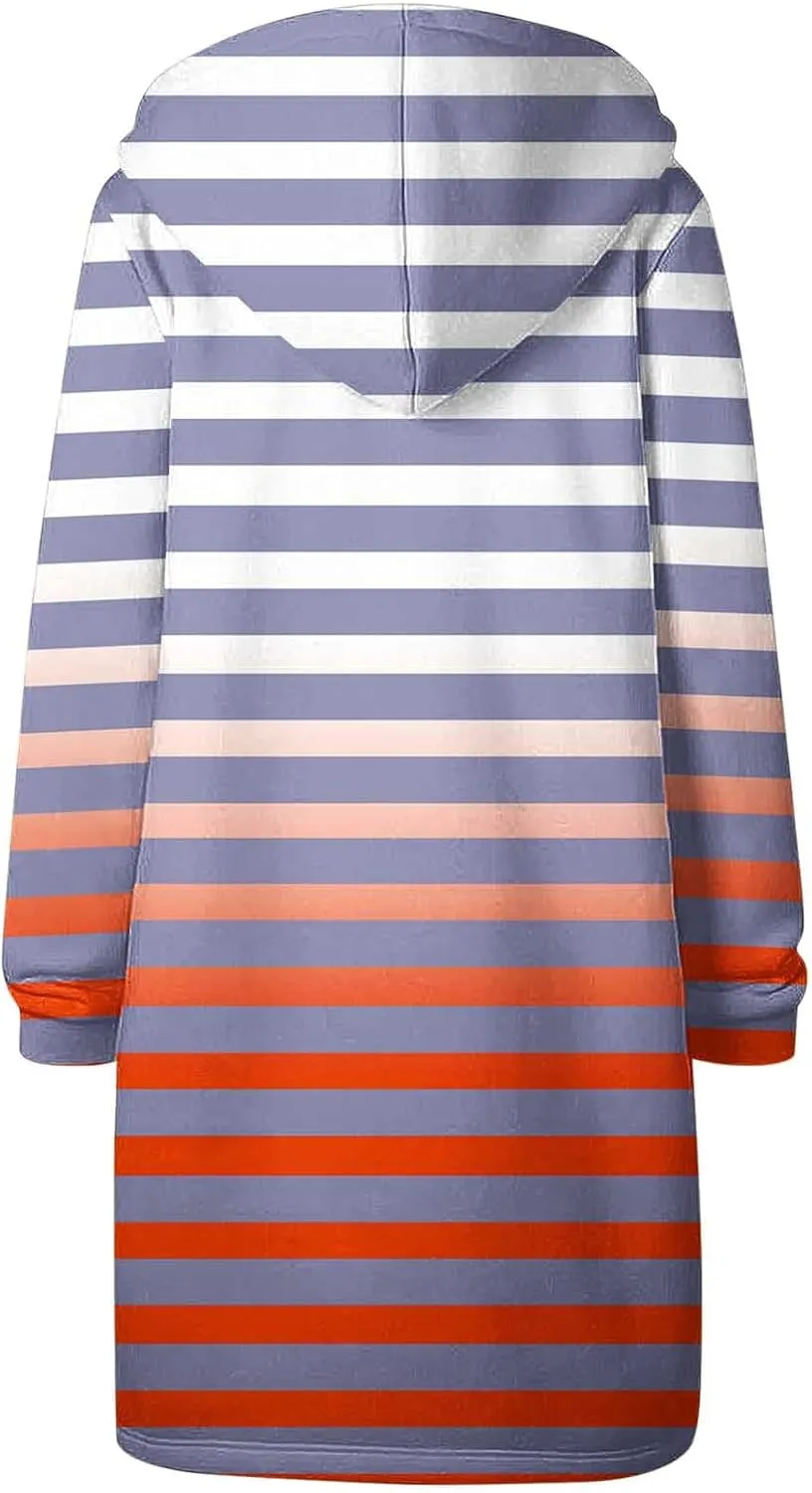 Women's Zip Up Hoodies Oversized Fleece Long Tunic Hooded Sweatshirts Casual Long Sleeve Stripes Hoodie Jacket Coat