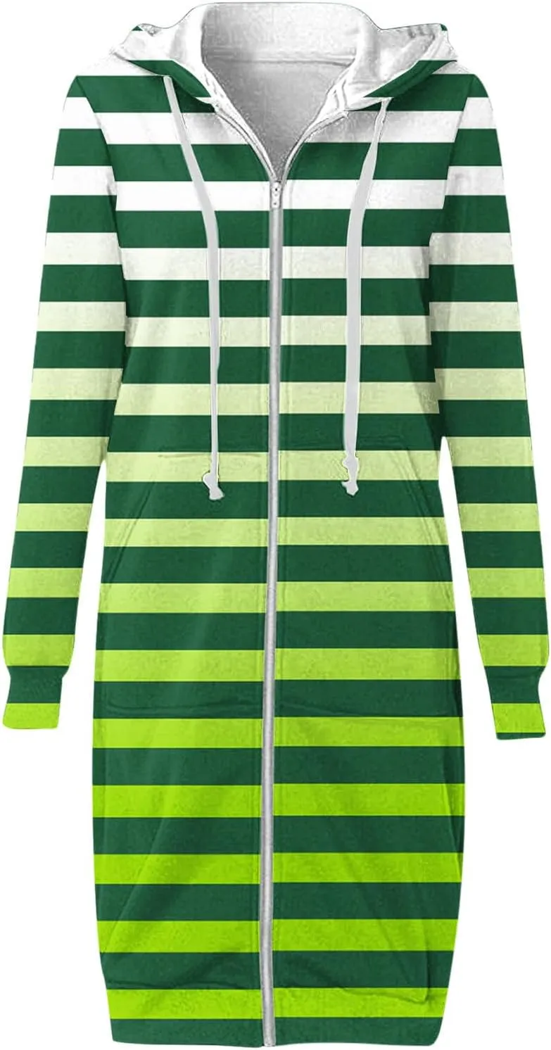 Women's Zip Up Hoodies Oversized Fleece Long Tunic Hooded Sweatshirts Casual Long Sleeve Stripes Hoodie Jacket Coat