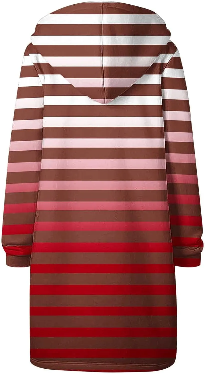 Women's Zip Up Hoodies Oversized Fleece Long Tunic Hooded Sweatshirts Casual Long Sleeve Stripes Hoodie Jacket Coat