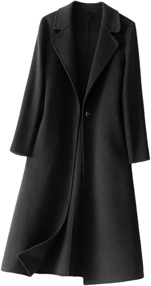 Women's100% Merino Wool Long Trench Coat Reversible Woolen One Button Notch Lapel Handmade Sewing Windbreaker