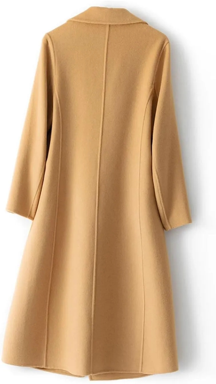 Women's100% Merino Wool Long Trench Coat Reversible Woolen One Button Notch Lapel Handmade Sewing Windbreaker