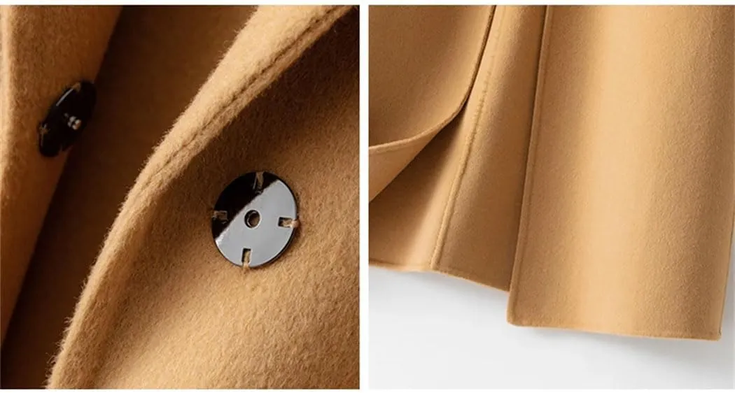 Women's100% Merino Wool Long Trench Coat Reversible Woolen One Button Notch Lapel Handmade Sewing Windbreaker
