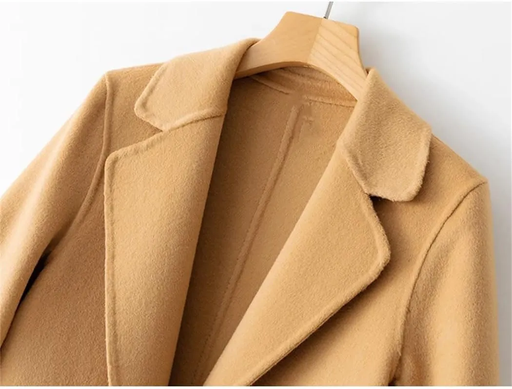 Women's100% Merino Wool Long Trench Coat Reversible Woolen One Button Notch Lapel Handmade Sewing Windbreaker