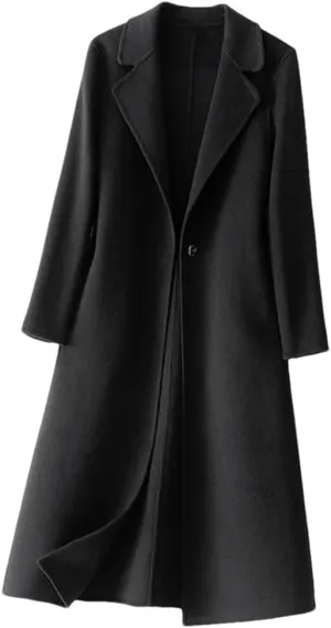 Women's100% Merino Wool Long Trench Coat Reversible Woolen One Button Notch Lapel Handmade Sewing Windbreaker