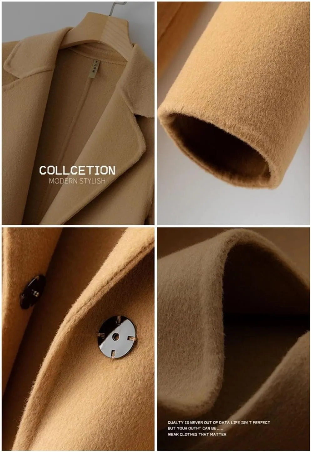 Women's100% Merino Wool Long Trench Coat Reversible Woolen One Button Notch Lapel Handmade Sewing Windbreaker