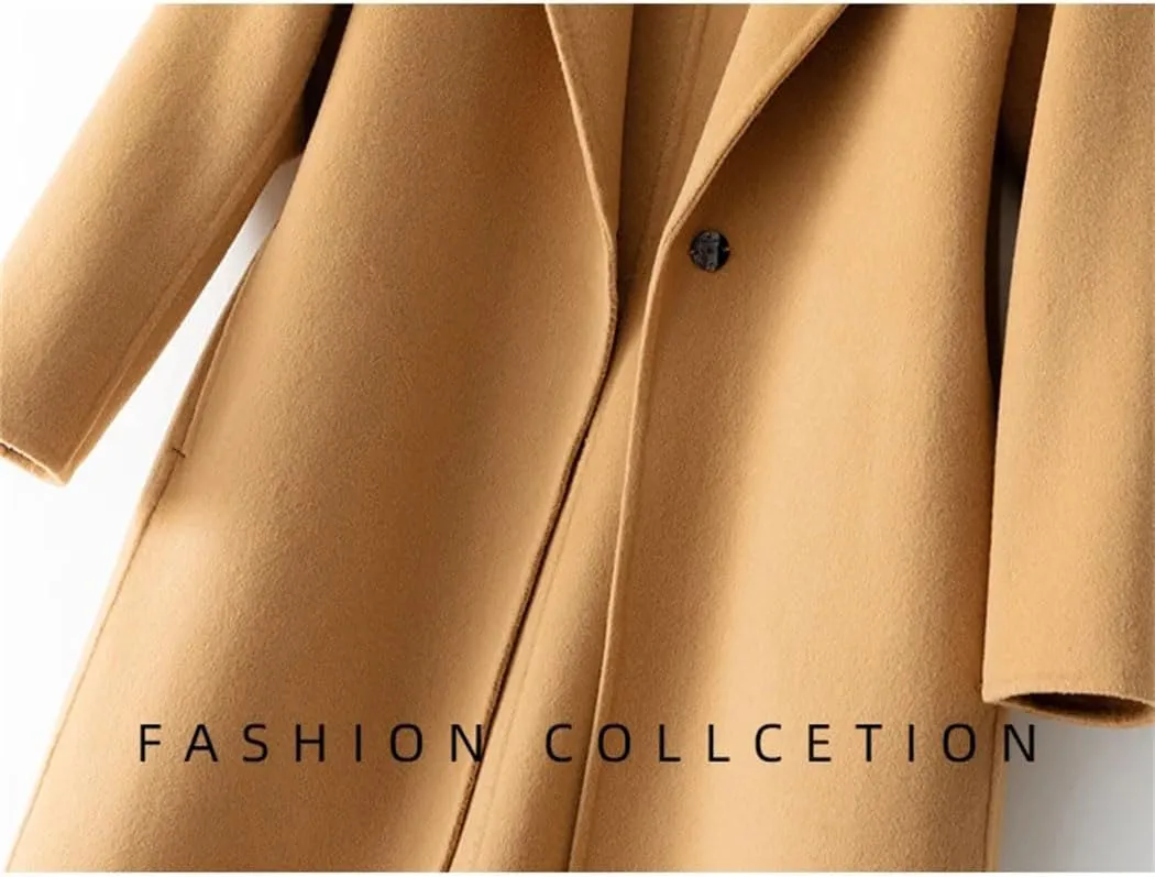 Women's100% Merino Wool Long Trench Coat Reversible Woolen One Button Notch Lapel Handmade Sewing Windbreaker