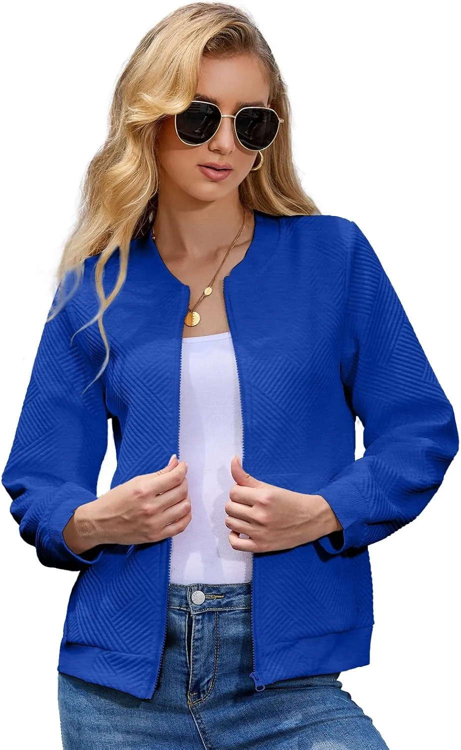WROLEM Women Zip Up Sweatshirts with Pockets Long Sleeve Jackets Casual Loose Stand Collar Lightweight Short Outwear
