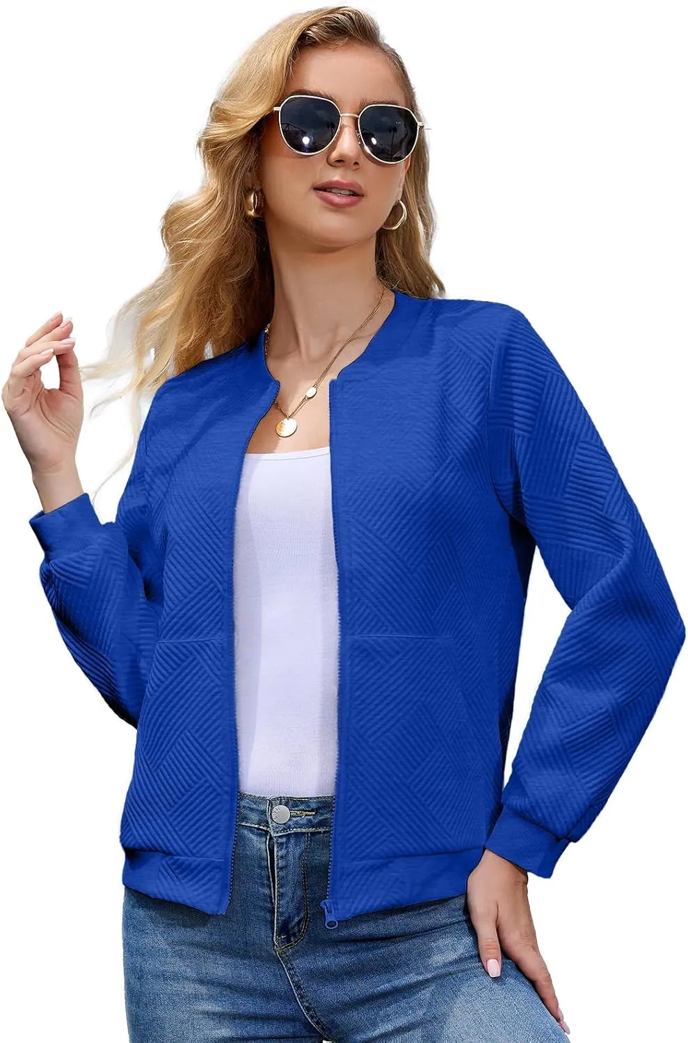 WROLEM Women Zip Up Sweatshirts with Pockets Long Sleeve Jackets Casual Loose Stand Collar Lightweight Short Outwear