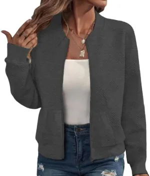 WROLEM Women Zip Up Sweatshirts with Pockets Long Sleeve Jackets Casual Loose Stand Collar Lightweight Short Outwear