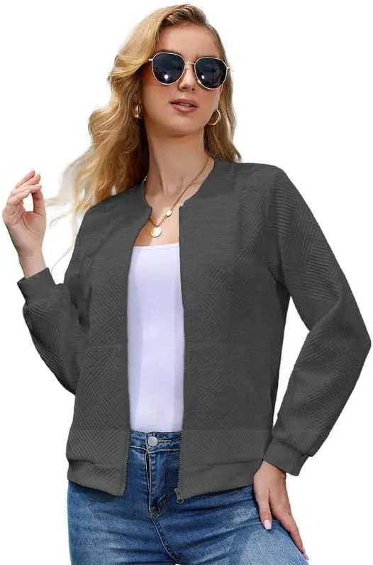 WROLEM Women Zip Up Sweatshirts with Pockets Long Sleeve Jackets Casual Loose Stand Collar Lightweight Short Outwear
