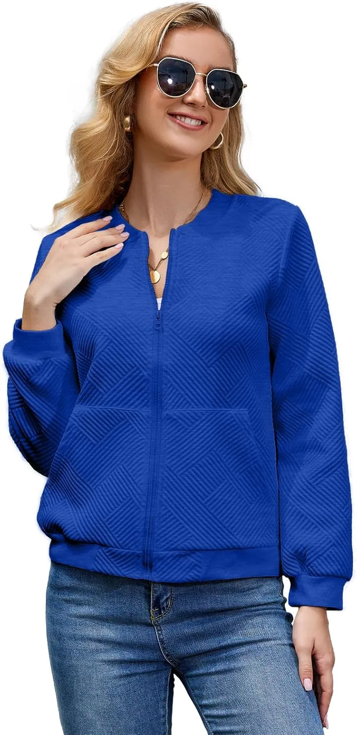 WROLEM Women Zip Up Sweatshirts with Pockets Long Sleeve Jackets Casual Loose Stand Collar Lightweight Short Outwear