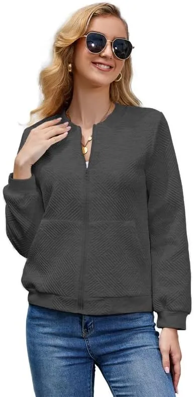 WROLEM Women Zip Up Sweatshirts with Pockets Long Sleeve Jackets Casual Loose Stand Collar Lightweight Short Outwear