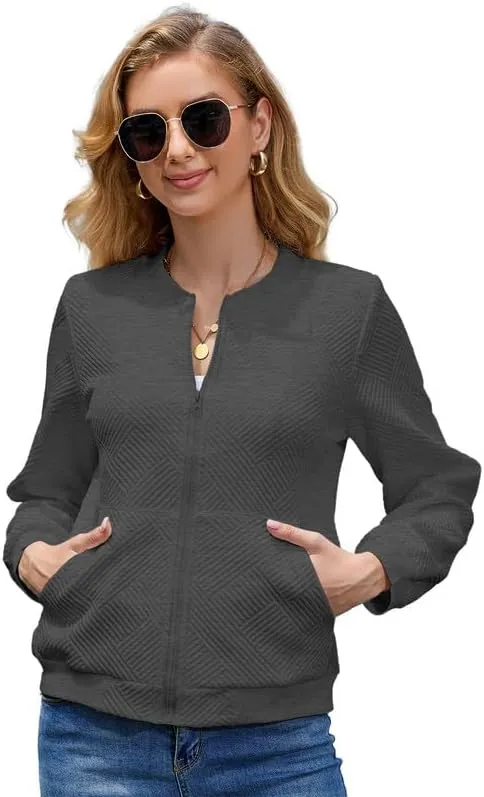 WROLEM Women Zip Up Sweatshirts with Pockets Long Sleeve Jackets Casual Loose Stand Collar Lightweight Short Outwear
