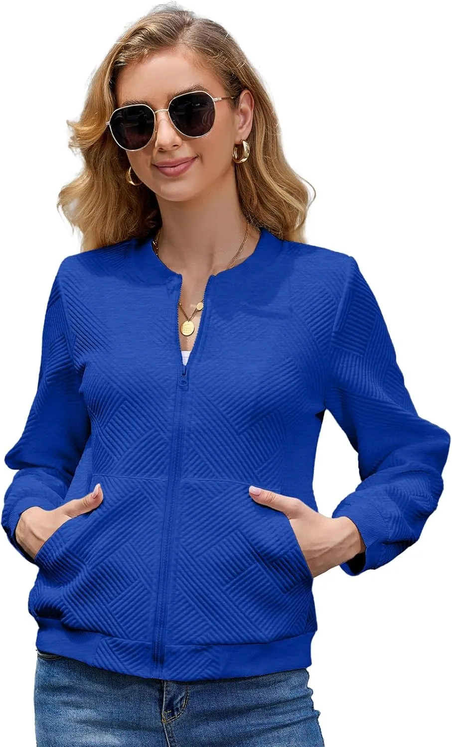 WROLEM Women Zip Up Sweatshirts with Pockets Long Sleeve Jackets Casual Loose Stand Collar Lightweight Short Outwear