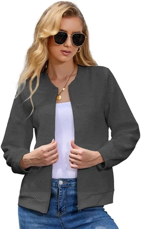 WROLEM Women Zip Up Sweatshirts with Pockets Long Sleeve Jackets Casual Loose Stand Collar Lightweight Short Outwear