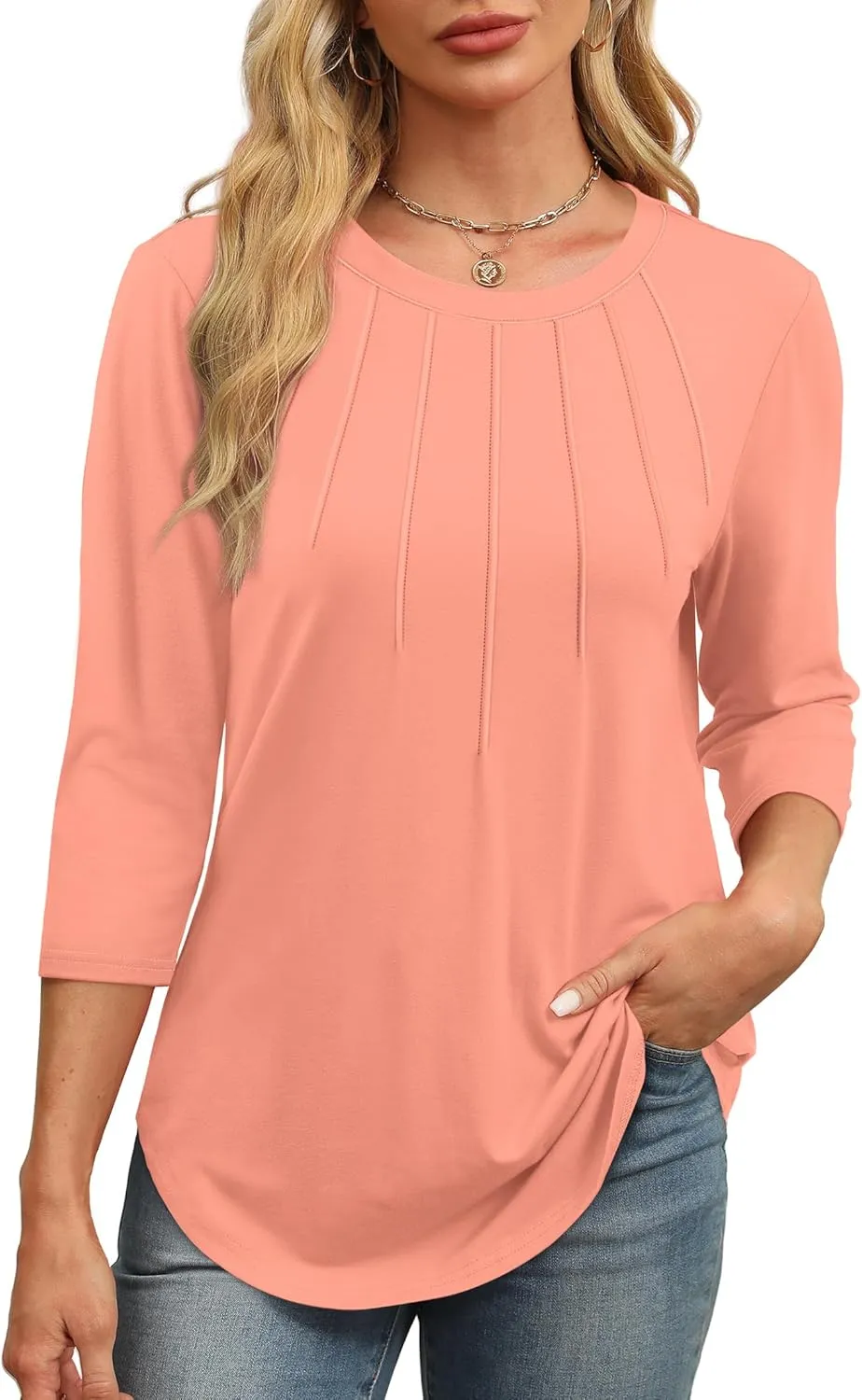 XIEERDUO 3/4 Length Sleeve Womens Tops Round Neck Casual Tunic Tops Basic Pleated Shirts Loose Fit 2025