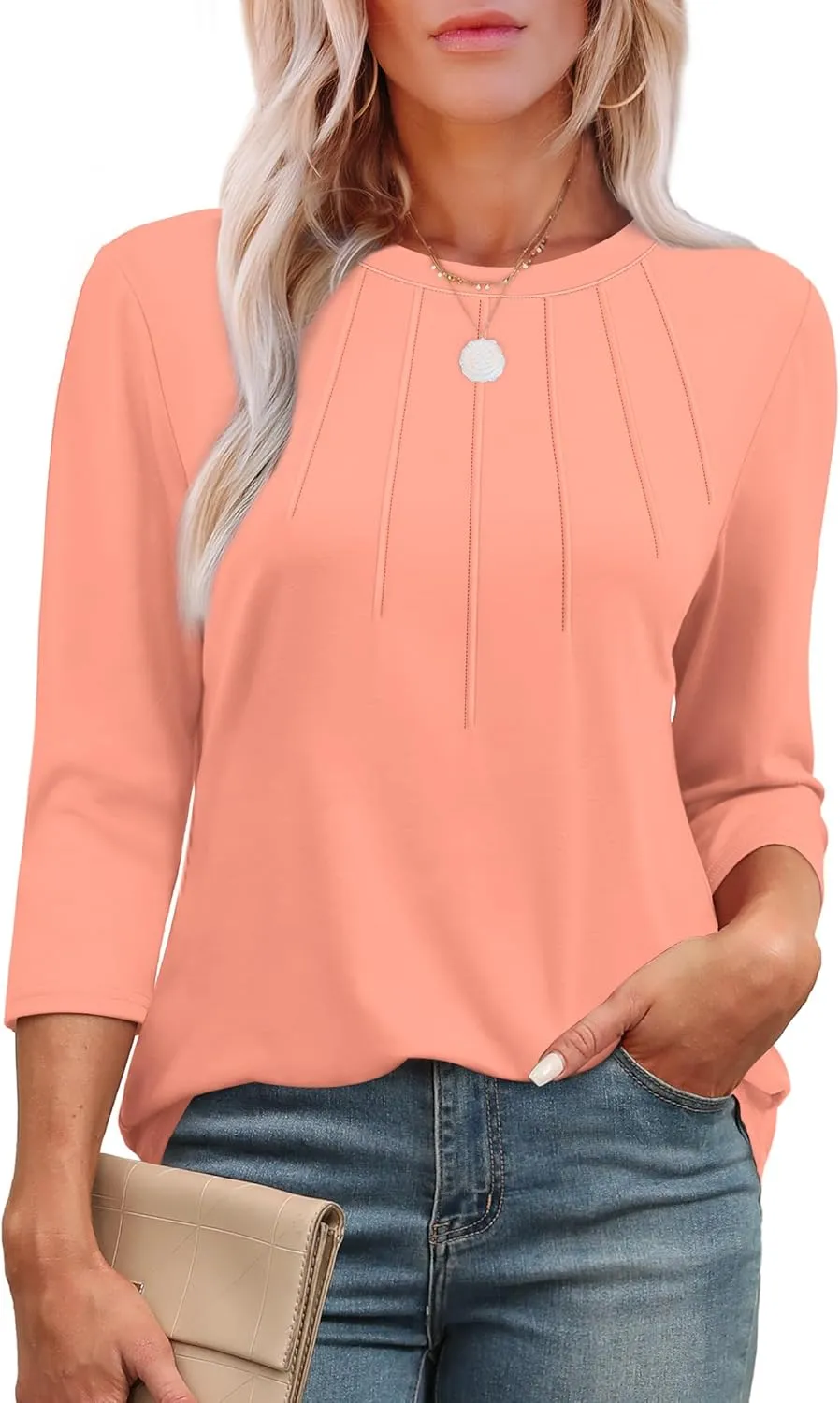 XIEERDUO 3/4 Length Sleeve Womens Tops Round Neck Casual Tunic Tops Basic Pleated Shirts Loose Fit 2025
