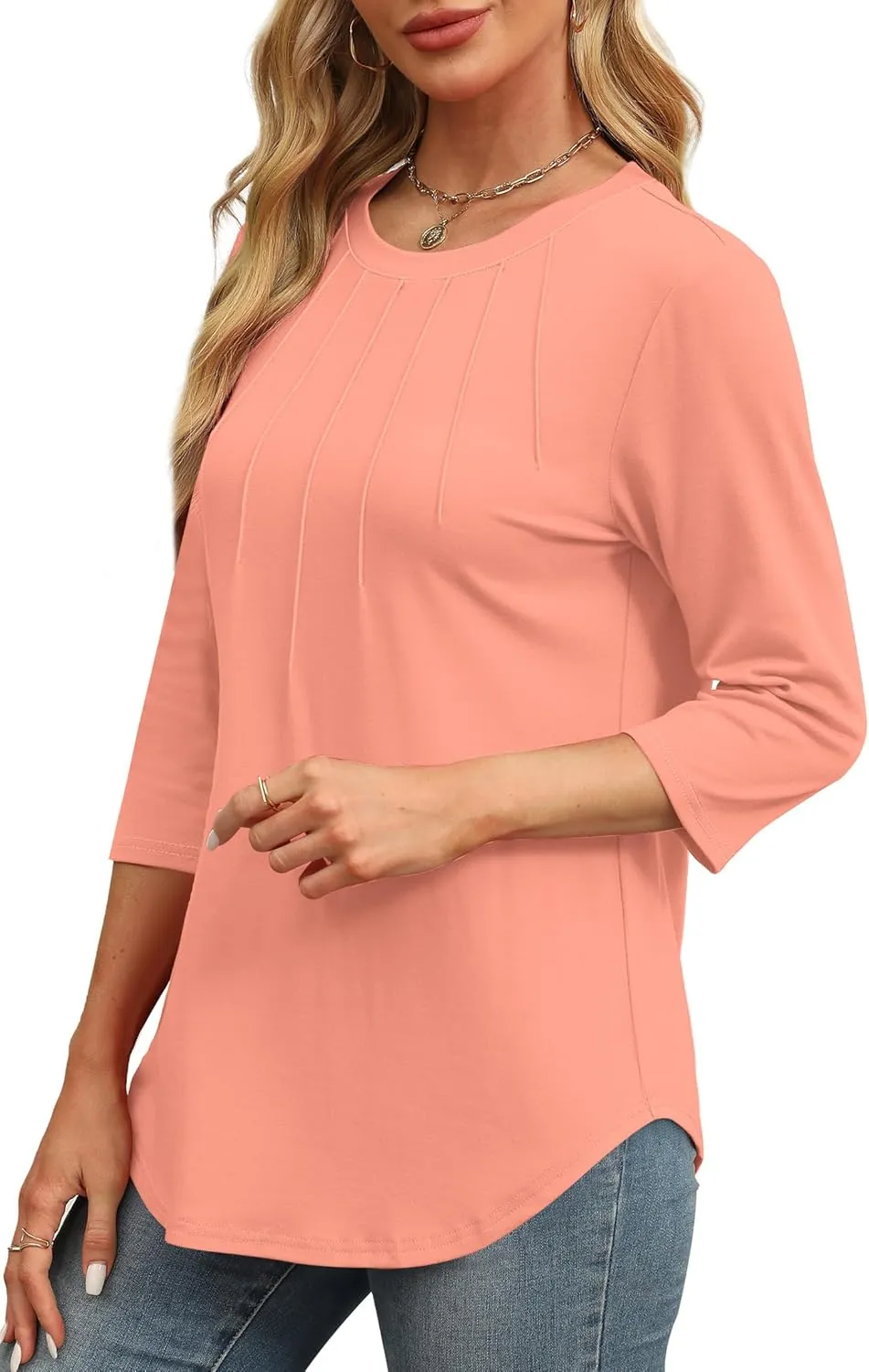 XIEERDUO 3/4 Length Sleeve Womens Tops Round Neck Casual Tunic Tops Basic Pleated Shirts Loose Fit 2025