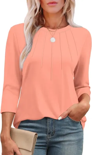 XIEERDUO 3/4 Length Sleeve Womens Tops Round Neck Casual Tunic Tops Basic Pleated Shirts Loose Fit 2025