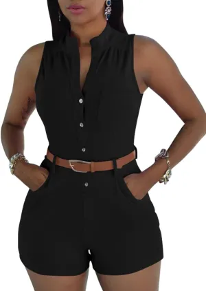 XXTAXN Women's Sexy V Neck Rompers One Piece Short Jumpsuit with Belt And Pockets