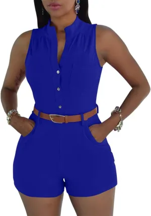 XXTAXN Women's Sexy V Neck Rompers One Piece Short Jumpsuit with Belt And Pockets