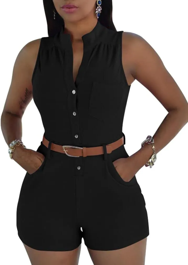 XXTAXN Women's Sexy V Neck Rompers One Piece Short Jumpsuit with Belt And Pockets