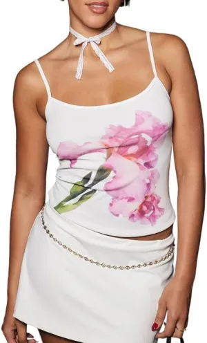 Y2K Womens Floral Print Camisole Sleeveless Low Cut Slim Fit Cami Sexy Spaghetti Strap Flower Pattern Tops