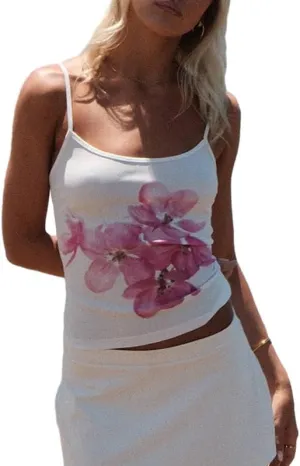 Y2K Womens Floral Print Camisole Sleeveless Low Cut Slim Fit Cami Sexy Spaghetti Strap Flower Pattern Tops
