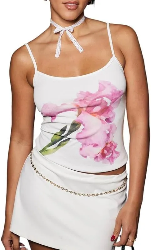 Y2K Womens Floral Print Camisole Sleeveless Low Cut Slim Fit Cami Sexy Spaghetti Strap Flower Pattern Tops