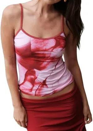 Y2K Womens Floral Print Camisole Sleeveless Low Cut Slim Fit Cami Sexy Spaghetti Strap Flower Pattern Tops