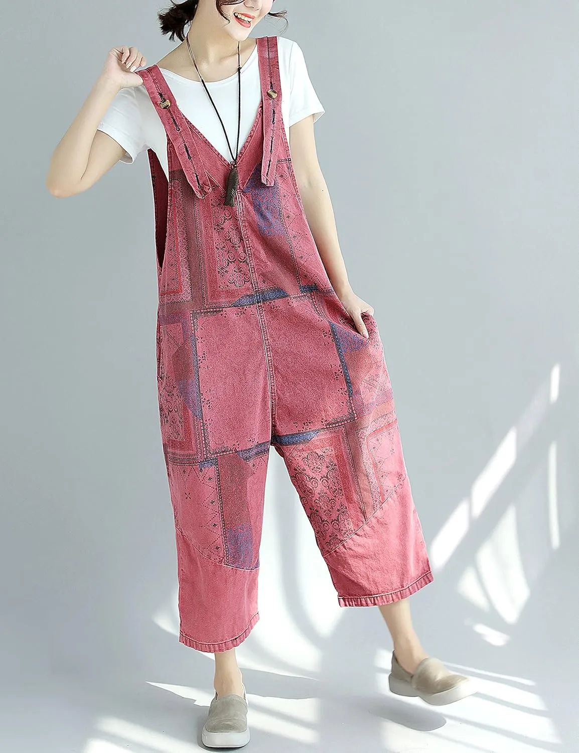 Yeokou Women's Loose Baggy Denim Wide Leg Drop Crotch Jumpsuit Rompers Overalls