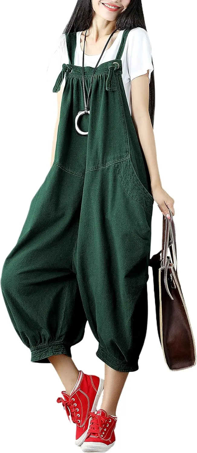 Yeokou Women's Loose Baggy Denim Wide Leg Drop Crotch Jumpsuit Rompers Overalls