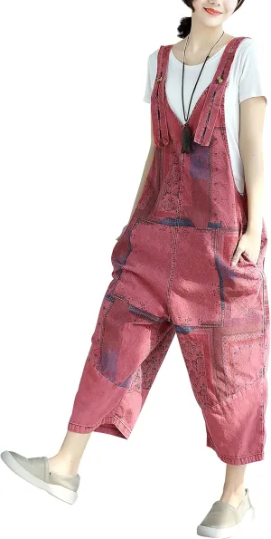Yeokou Women's Loose Baggy Denim Wide Leg Drop Crotch Jumpsuit Rompers Overalls