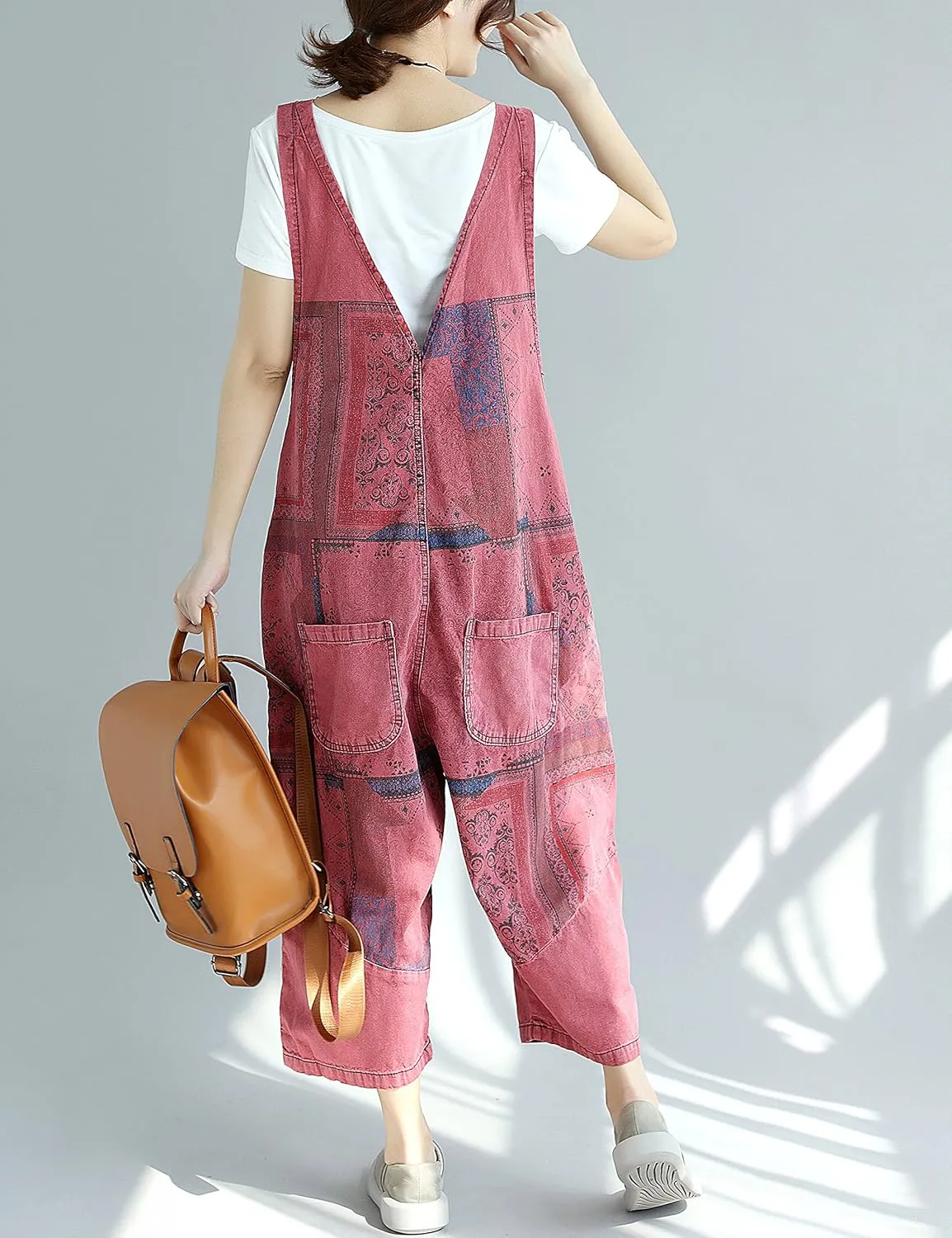 Yeokou Women's Loose Baggy Denim Wide Leg Drop Crotch Jumpsuit Rompers Overalls