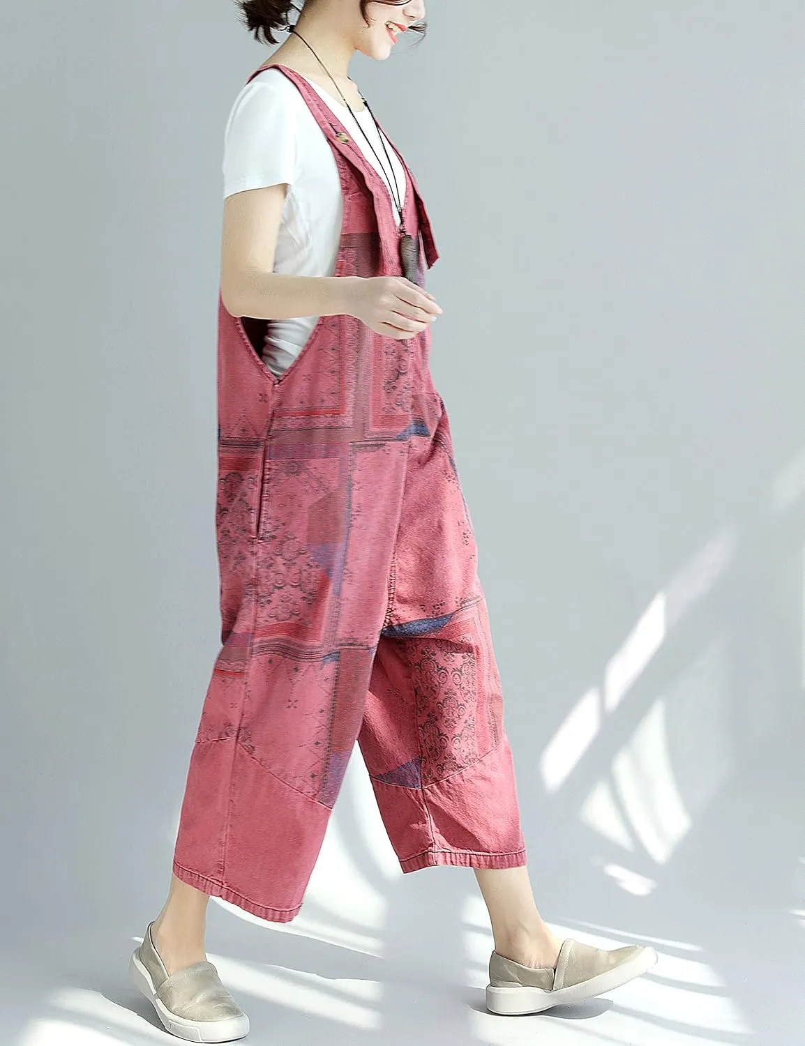 Yeokou Women's Loose Baggy Denim Wide Leg Drop Crotch Jumpsuit Rompers Overalls