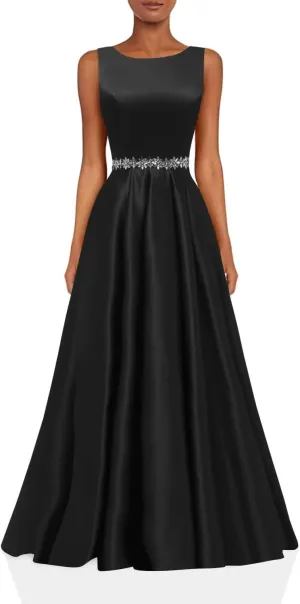 Yexinbridal Satin Prom Dresses Long for Women A-Line Beaded Belt Formal Evening Party Ball Gowns with Pockets