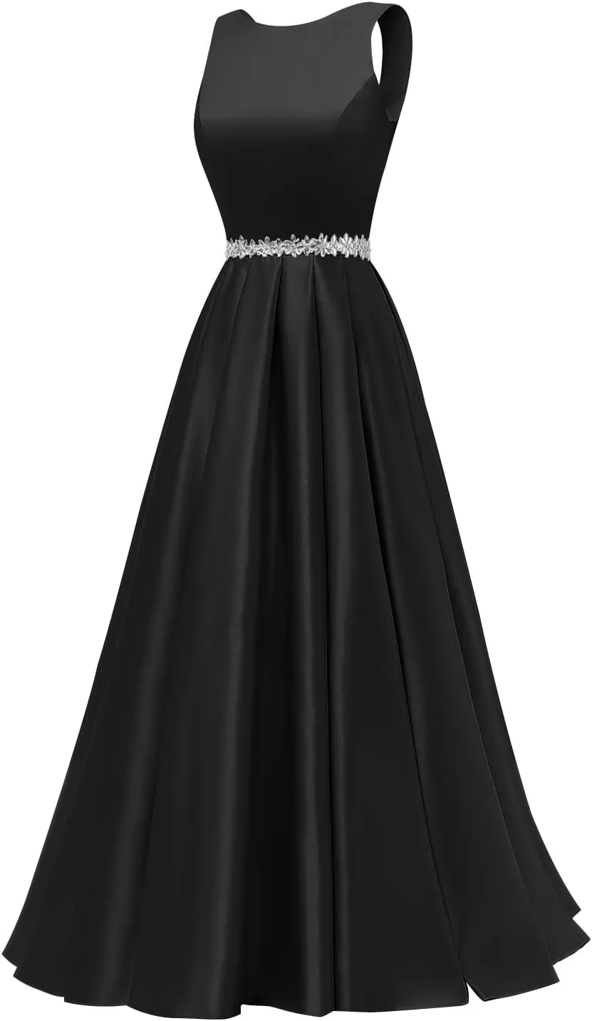 Yexinbridal Satin Prom Dresses Long for Women A-Line Beaded Belt Formal Evening Party Ball Gowns with Pockets