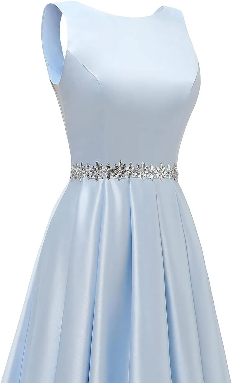 Yexinbridal Satin Prom Dresses Long for Women A-Line Beaded Belt Formal Evening Party Ball Gowns with Pockets