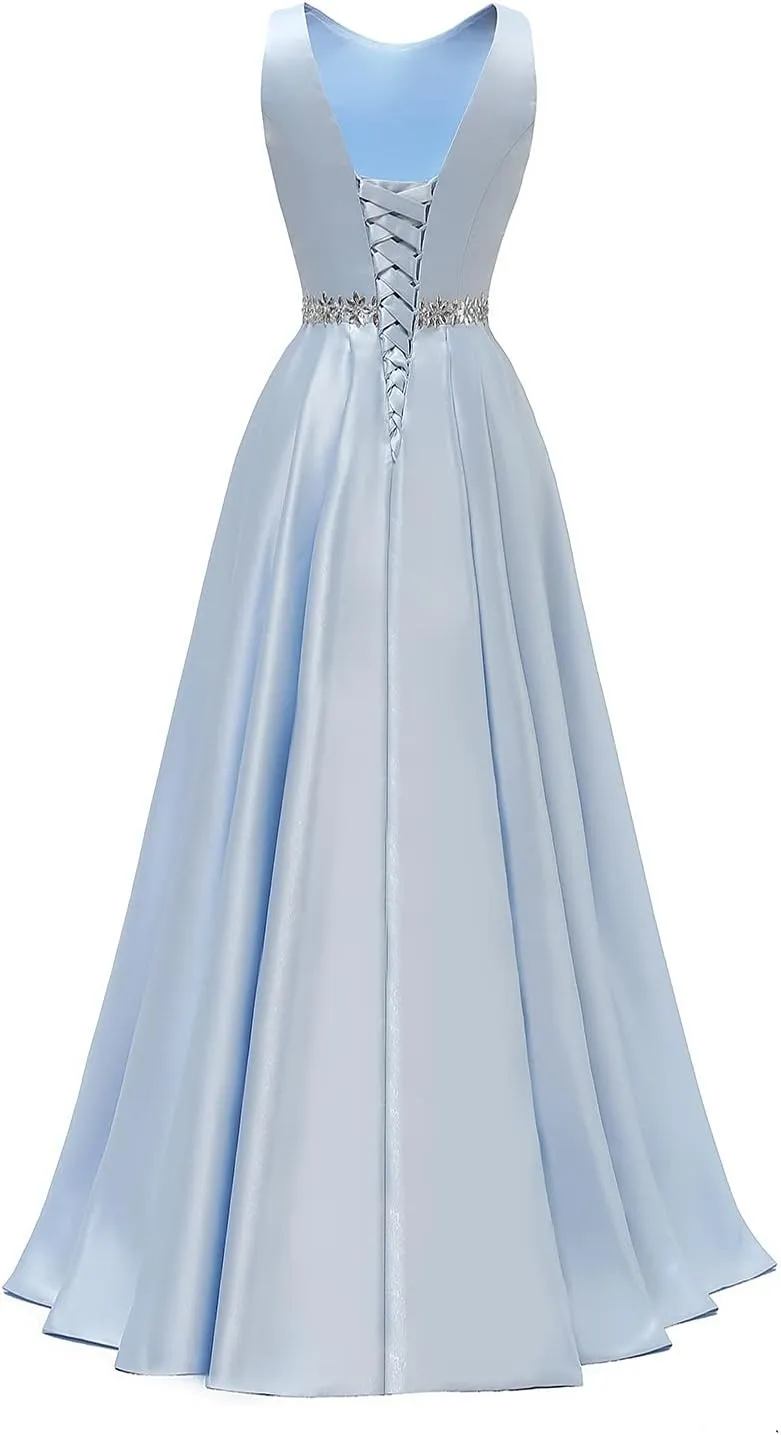 Yexinbridal Satin Prom Dresses Long for Women A-Line Beaded Belt Formal Evening Party Ball Gowns with Pockets