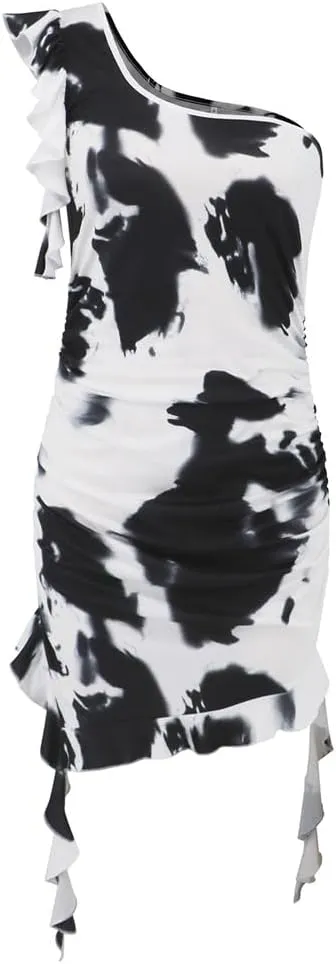 YGJKLIS Women's Sleeveless Diagonal Collar Wrap Hip wrap Skirt Off Shoulder Tie Dye Pleated Skirts