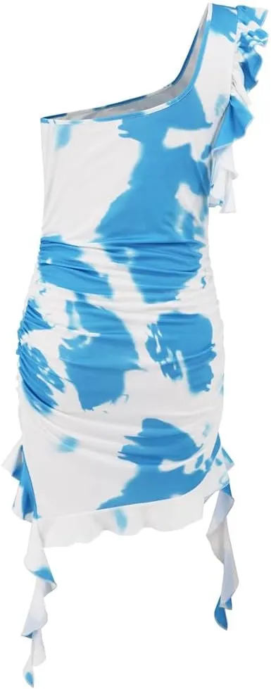 YGJKLIS Women's Sleeveless Diagonal Collar Wrap Hip wrap Skirt Off Shoulder Tie Dye Pleated Skirts
