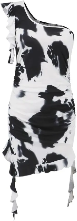 YGJKLIS Women's Sleeveless Diagonal Collar Wrap Hip wrap Skirt Off Shoulder Tie Dye Pleated Skirts