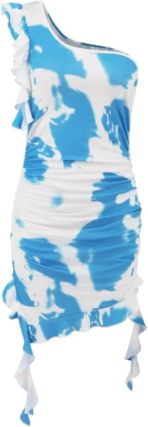 YGJKLIS Women's Sleeveless Diagonal Collar Wrap Hip wrap Skirt Off Shoulder Tie Dye Pleated Skirts