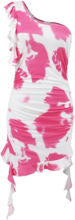 YGJKLIS Women's Sleeveless Diagonal Collar Wrap Hip wrap Skirt Off Shoulder Tie Dye Pleated Skirts