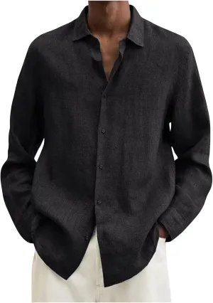 Ymosrh Long Sleeve T-Shirts for Men Spring Summer Men's Casual Cotton Linen Solid Color Shirts Loose Dress Tan